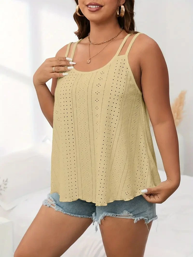 Plus Size Eyelet Delight - Dual Strap Cami Top with Breathable Crew Neck - Effortlessly Chic Summer Style for Curvy Women
