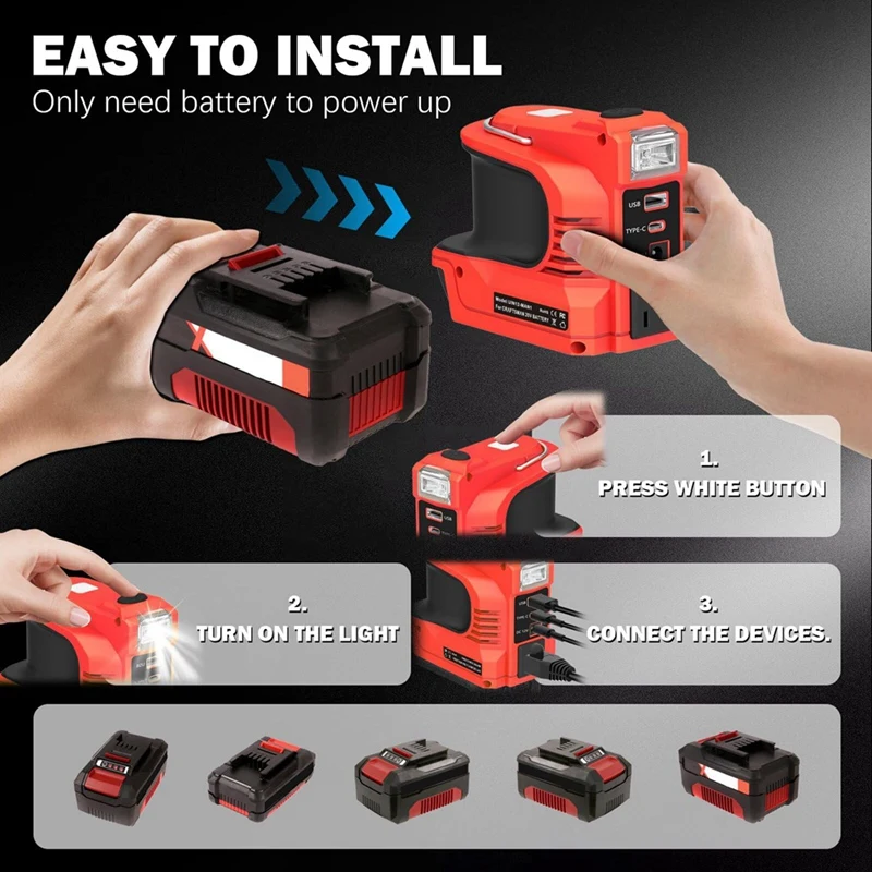 180W 전원 인버터(LED 작업등 포함) 18V 리튬 이온 배터리용 DC 12V 전원 콘센트(USB/Type-C EU PLUG-A09I 포함)