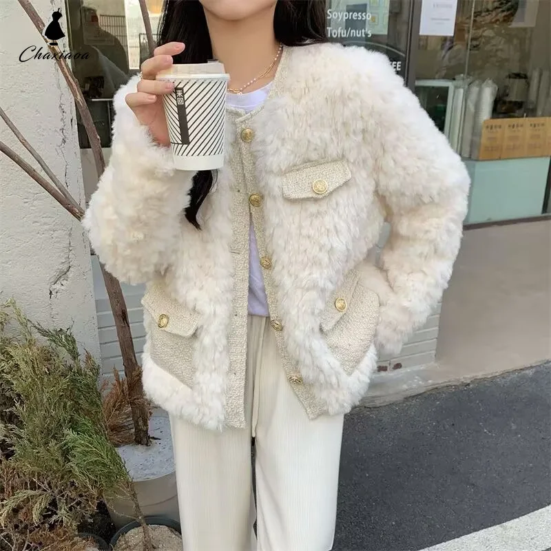 

CHAXIAOA Autumn Winter Women's Lamb Wool Jacket Korean Style Streetwear O-Neck Faux Fur Coat Woman Warm Thick Furry Fluffy Coat