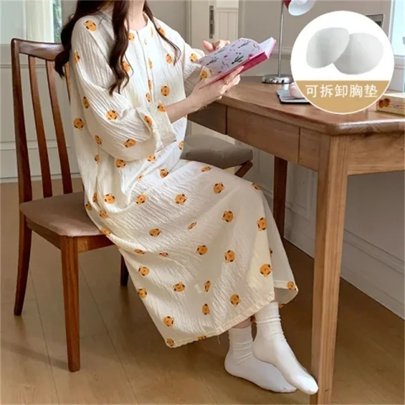 ملابس نوم صيفية طويلة للنساء، ثوب نوم بأكمام سبعة...