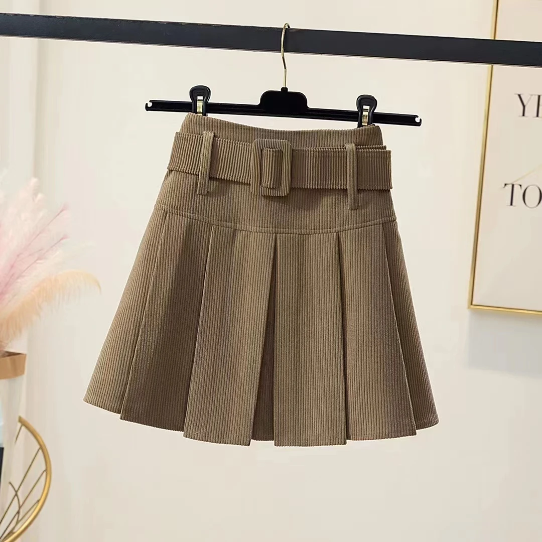 

Spring Autumn Winter Corduroy Pleated Skirt Women Casual High Waist Solid Belt A-LINE Short Mini Skirt