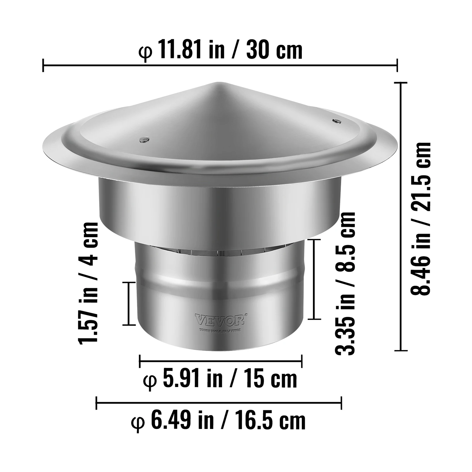 SucceBuy Capuchon de cheminée en acier inoxydable 304, 6 pouces, rond, pour toit, pluie, 11,81 pouces, capuchons augmentés pour isolation, couvercle de ventilation à l'extérieur