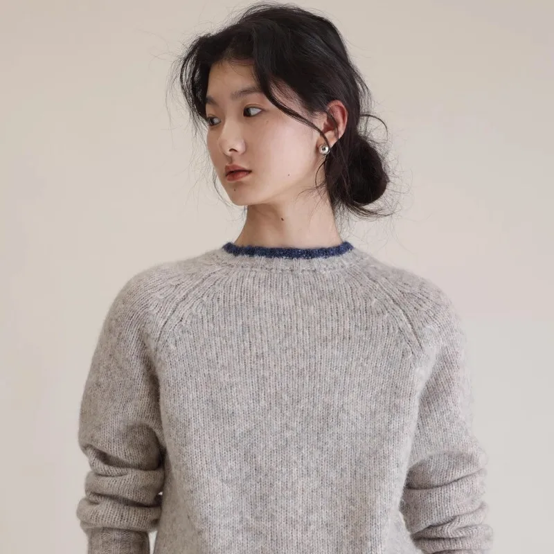 

Contrast Knitted Collar Round Neck Knitted Sweater Women'S 2023 Autumn/Winter New High Grade Retro Loose Lazy Style Round Neck P
