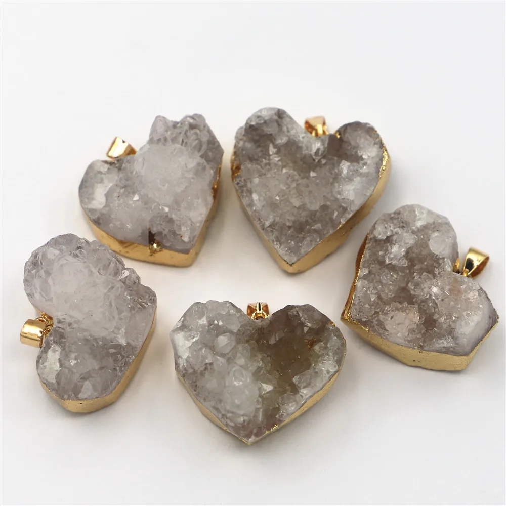 Natural Stone Druzys White Agates Pendants Heart Shape Charms Healing Crystals Jewelry Making DIY Necklace Accessories G1118