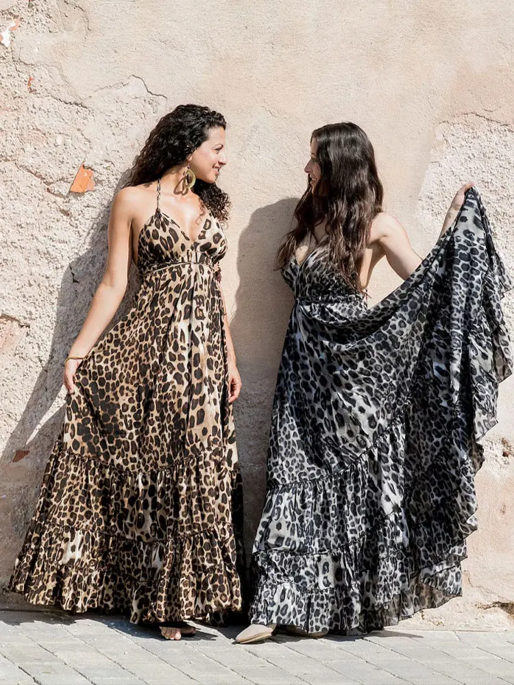 

2023 Leopard Print Sexy Spaghetti Strap Cross Bandage Back Open Women Summer Party Maxi Dress Boho Chiffon Slip Dresses A1231