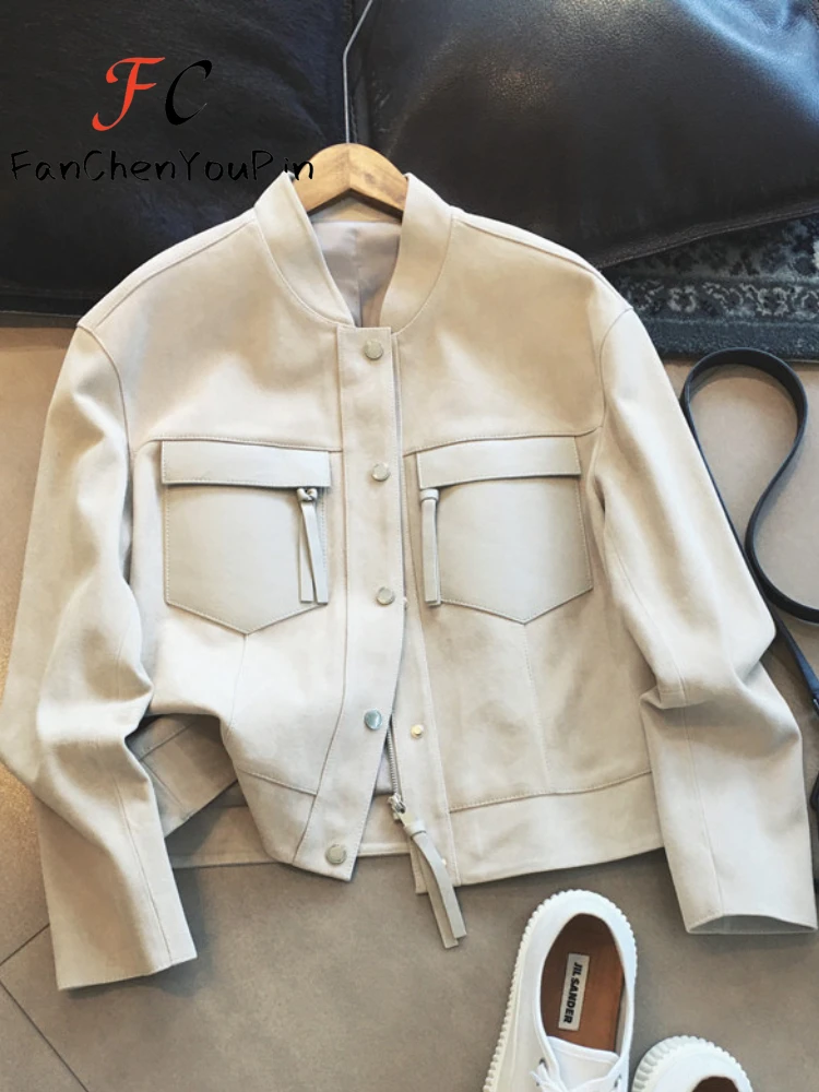 

Spring New Womens Jacket Patchwork Leather Casual Loose Retro Hong Kong Style Short Simplicity Vintage Female Coat Top 2024