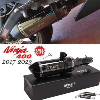 Motorcycle Black Exhaust Istunt Muffler with Middle Link Pipe Escape Moto Slip-On For Kawasaki Ninja400 Ninja 400 Z400 2017-2023