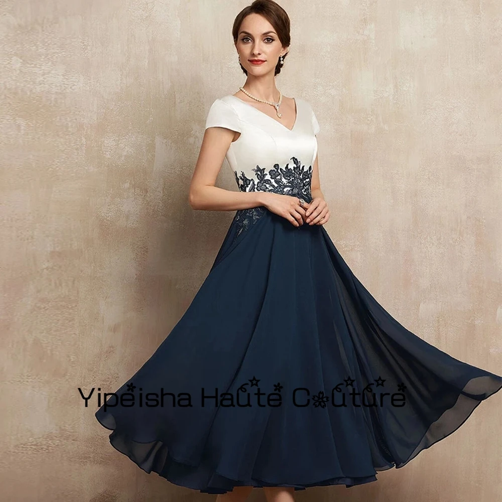

Yipeisha Dark Navy Chiffon Wedding Party Gowns Strapless Short Sleeve Mother Of Bridal Dresses Tea Length Prom Gowns 2023 Summer