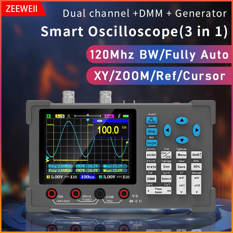 ZEEWEII DSO3D12 3.2 Inch Desktop Digital Oscilloscope 120M Bandwidth Dual Channel Multimeter Signal generator 3 in 1 color screen oscilloscope