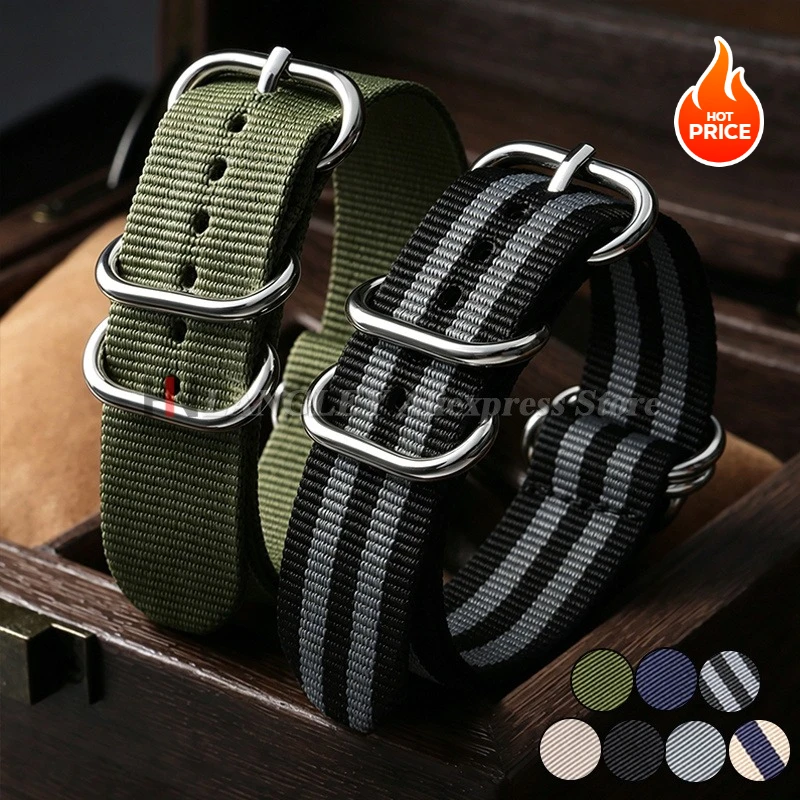 Ribbed Nylon Military-Style Watch Band with Ring Buckle - Army Green