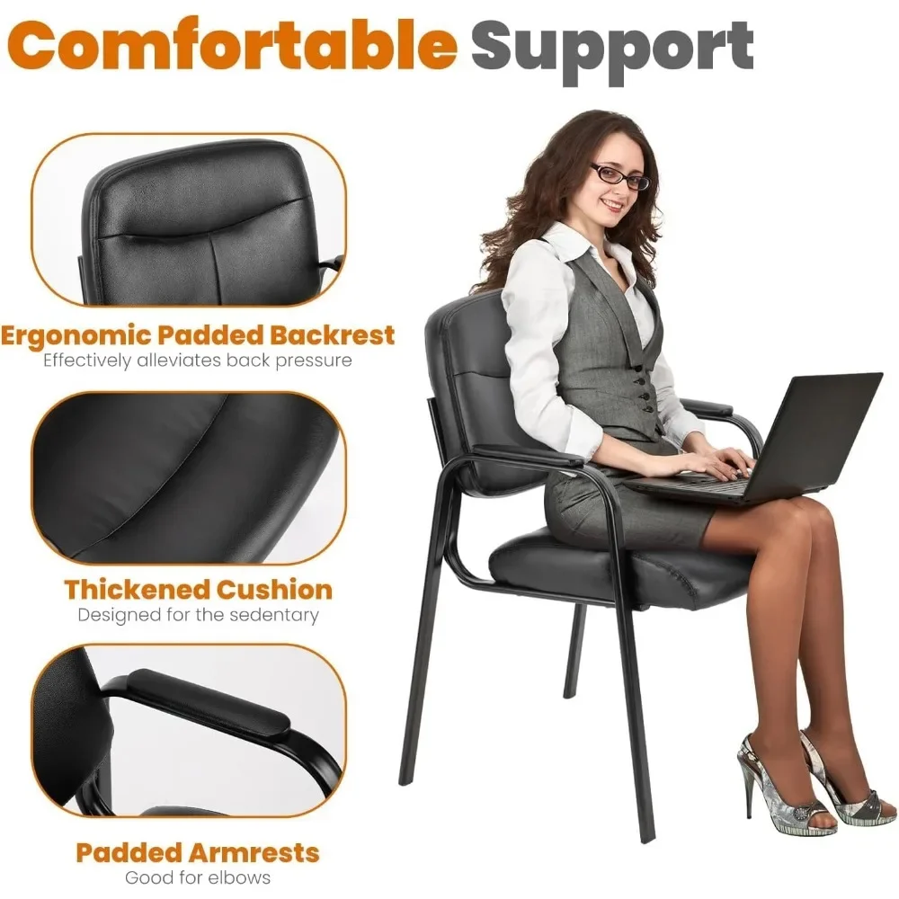 NEW-Office Reception Guest Chair No Wheels Set of 6, Leather Stationary Waiting Room Chairs with Padded Arms for Elderly Desk Co