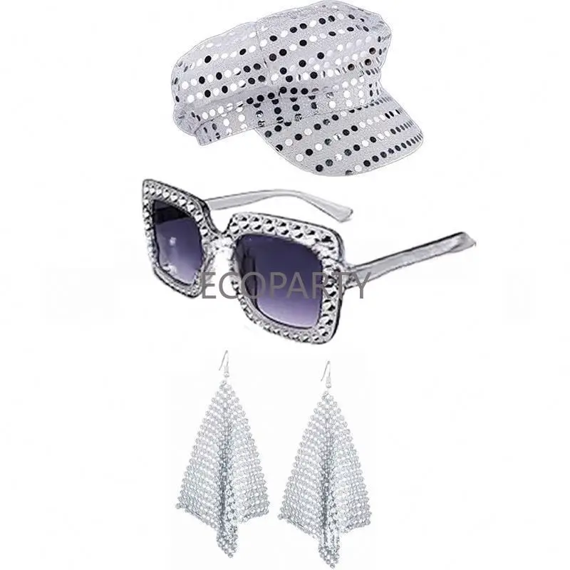 6 stuks jaren 70 en 80 disco accessoires, disco accessoires dames, glitter disco pailletten sjaal, zonnebril oorbellen armband en hoofdband, retro feestaccessoires voor carnaval