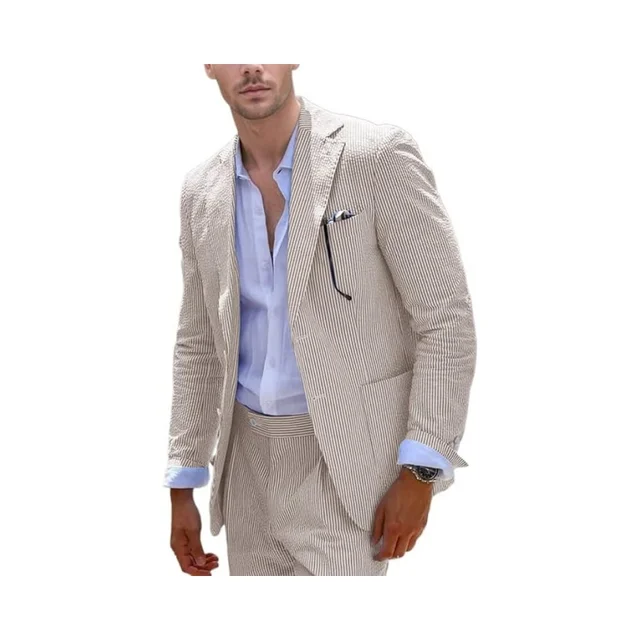 Seersucker Suit 2 Pieces Casual Summer Beach Men Suit Wedding Groom Jacket Pants Striped Suit Set 4