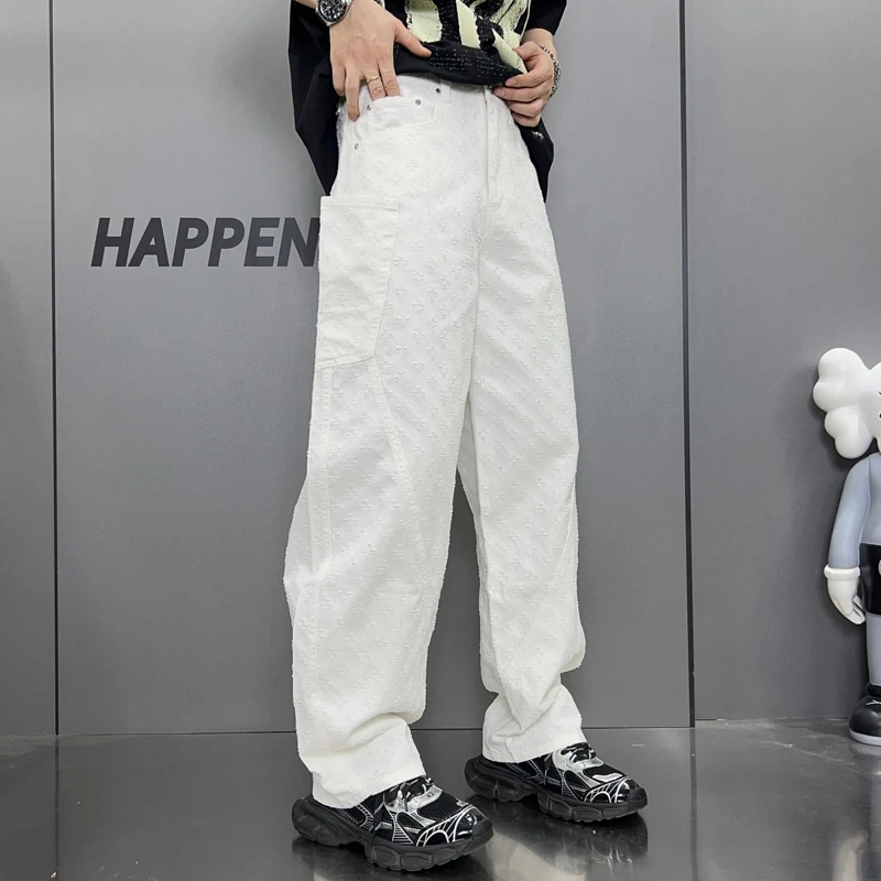 5 Color fashion high-end hip hop jeans men's high streetinsfashion printing street cool loose straight-leg wide-leg pants