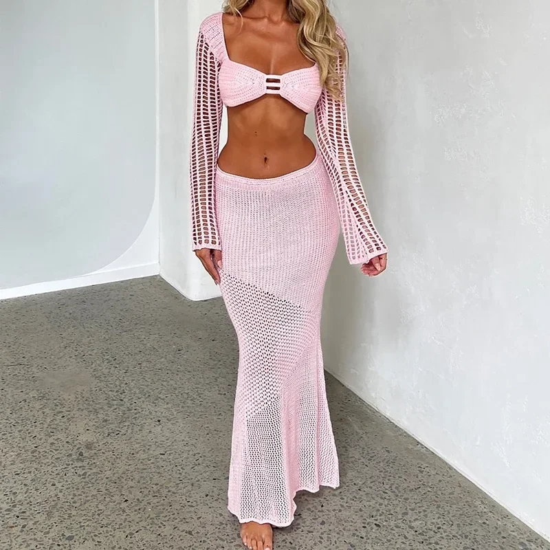 New2024 Vintage 2 Piece Set Knitted Backless Tie Up Crop Tops Low Cut Crochet Hollow Out T-shirt + Long Skirt Women Holiday