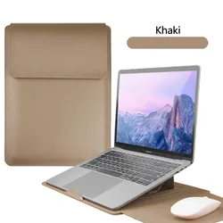 Stylish PU Leather Laptop Sleeve Case with Stand Function - Unisex, Multiple Sizes - 15 - 16 inch (Khaki)