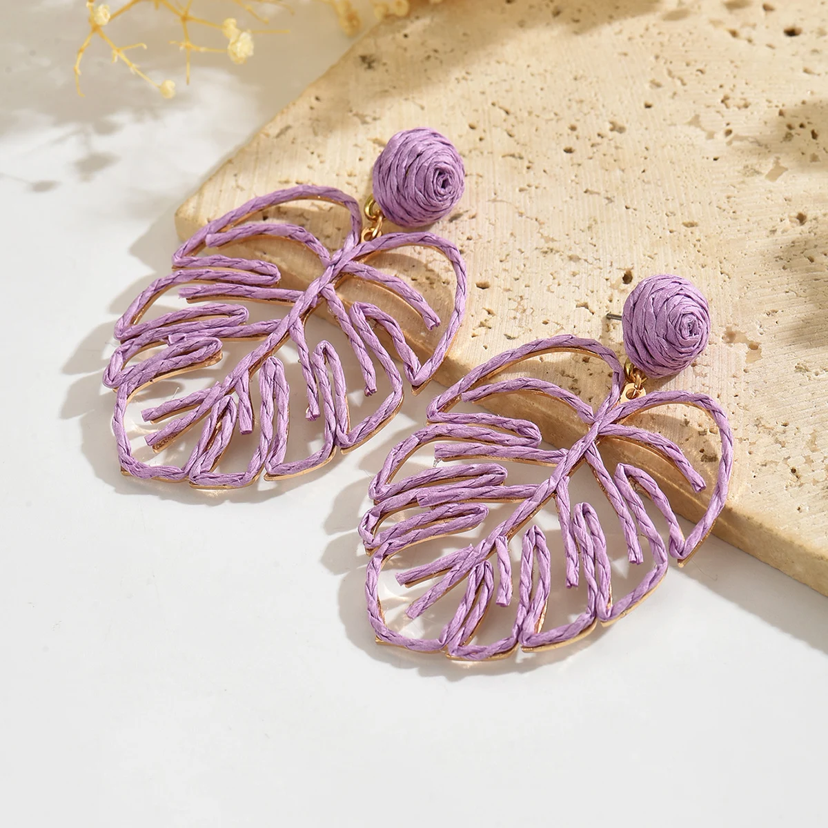 Boho Fashion Hollow Leaf Raffia Drop Earrings for Women Summer Beach Exquisite Geometric Rattan Knit Earrings Handmade Jewelry