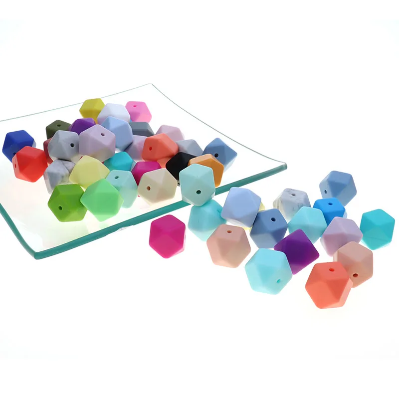 도매 14MM 실리콘 구슬 100PC 육각 Teether 구슬 씹는 음식 등급  젖니 목걸이 보석 간호 선물