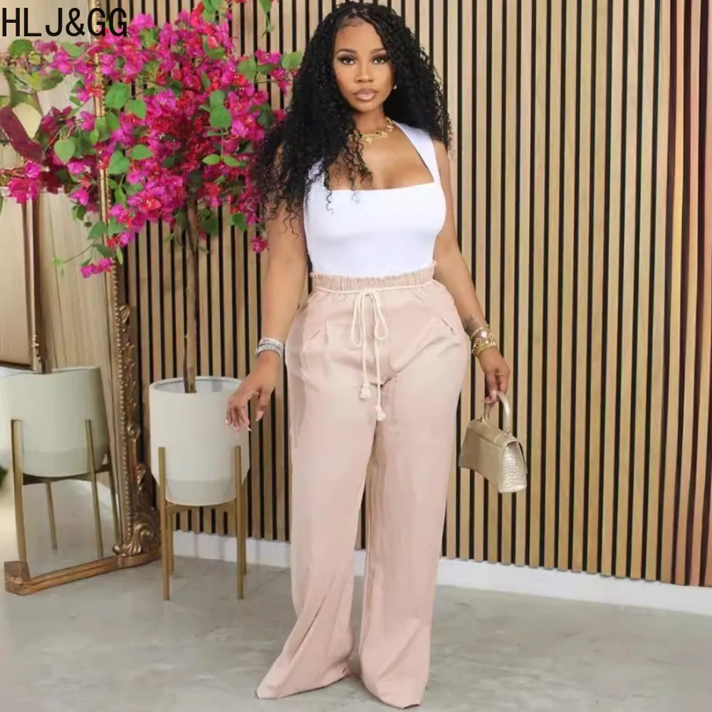 HLJ&GG Fashion Solid Color Drawstring Wide Leg Pants Women Elastic High Waist Hip-hop Straight Trousers Casual Matching Bottoms