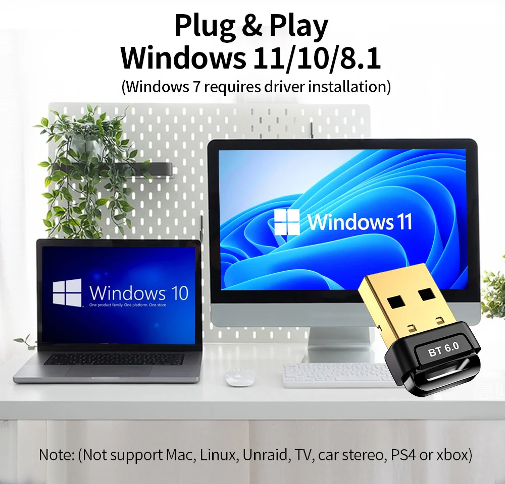 USB 블루투스 6.0 어댑터 블루투스 5.4 동글 PC용 윈도우 11/10/8.1 블루투스 수신기/전송기 (키보드/마우스/스피커용)
