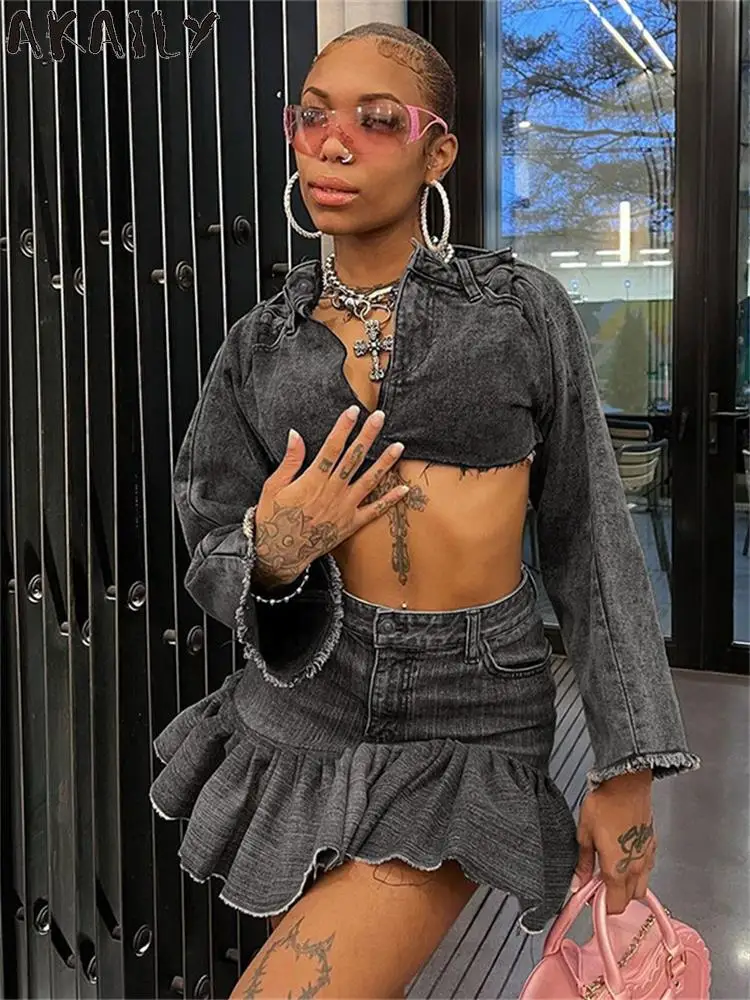 

Akaily Autumn Black Body Denim 2 Two Piece Mini Skirt Hight Club Clothing For Woman 2023 Fashion Pocket Rippled Edge Denim Skirt
