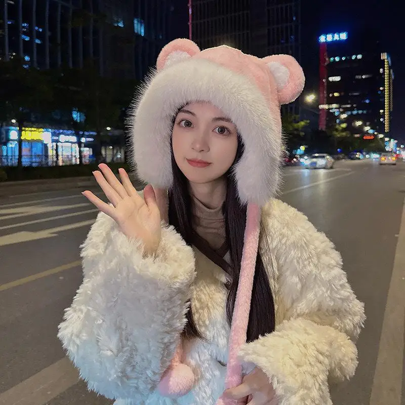 귀여운 한국 스타일 곰 귀 버킷햇 가을 겨울 패션 귀여운 곰 귀 보호 모조 퍼 오버헤드 캡