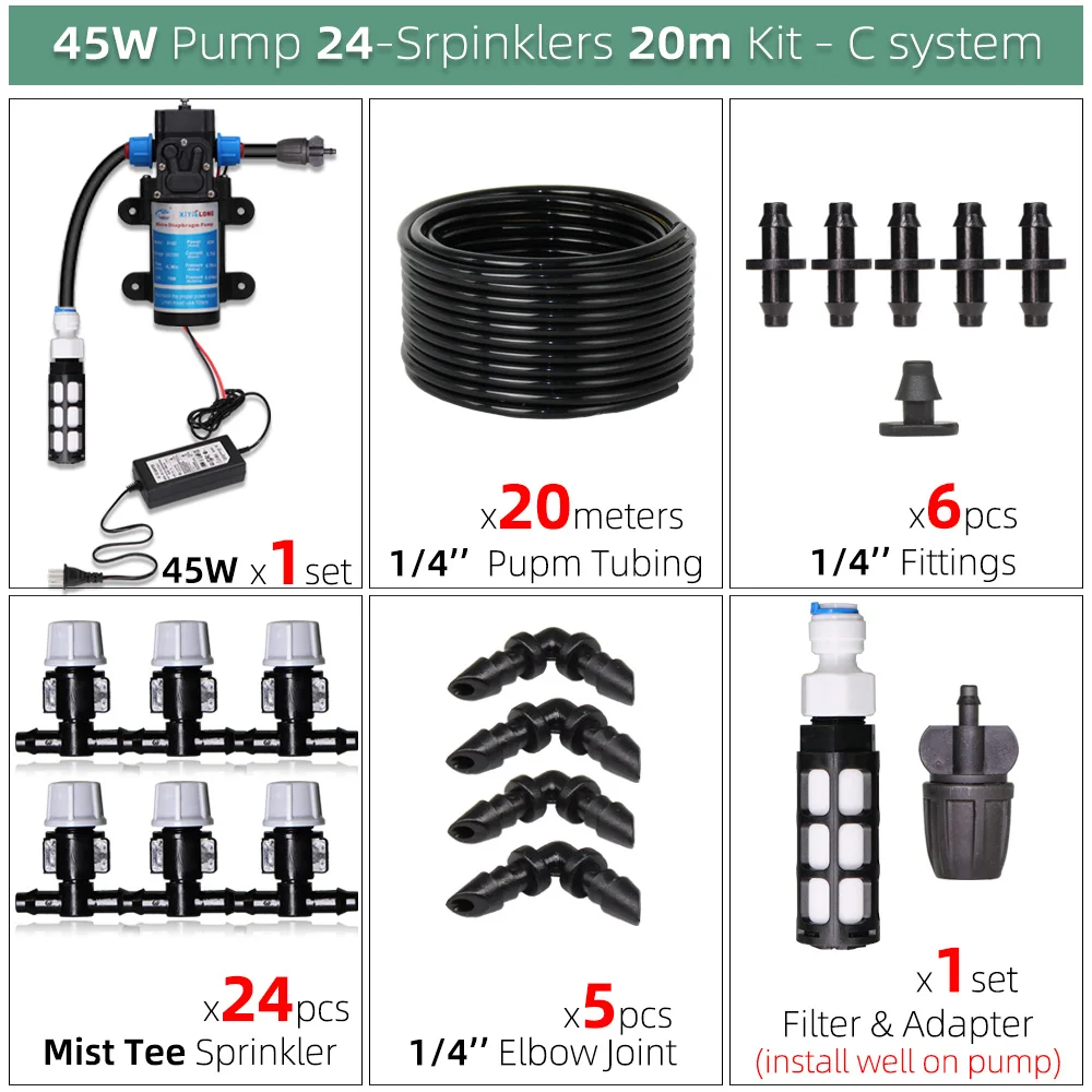 MUCIAKIE 5-50M 45W Pump Self-Priming Garden Misting Cooling System Watering Irrigation Automatic Kit with Power Supply Spray 