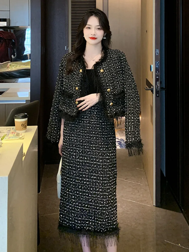 

French Vintage Small Fragrant Tweed 2 Piece Sets Women Outfit High Quality Tassel Short Jacket Coat & Long Skirt Two Piece Suits