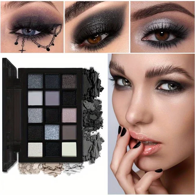 Black Smokey Eyeshadow Palette, 15 Colors ,Punk Style,Neutral Eye Make up, Shimmer Pearly Sequin Eyeshadow