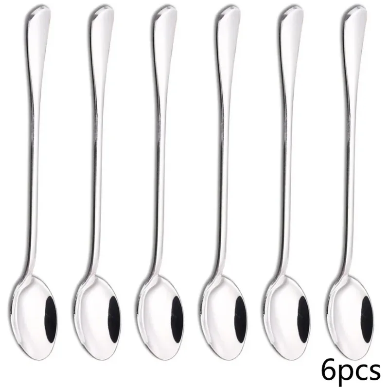 6-Piece Long-Handle Stainless Steel Spoon Set - Thickened Multi-Use Utensils for Coffee, Stirring, Ice Serving & Kitchen Tasks