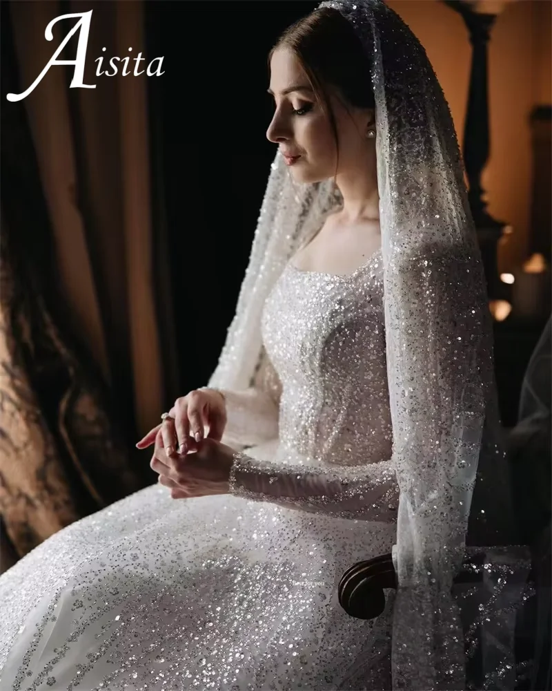Vintage Customized Sparkly Beads Tulle Long Formal Wedding Dresses A Line Square Neck Dubai Long Sleeves 2025 Detachable Sleeves