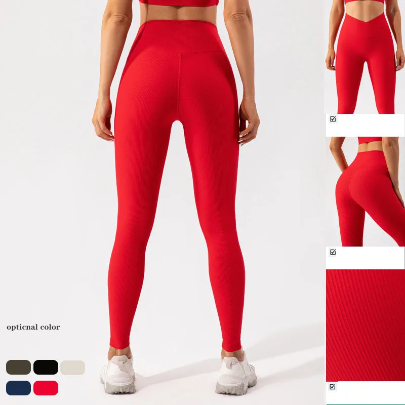 

Cross Waist V Cut Yoga Leggings Women's Quick Dry Ribbed High Waist Running Workout Pants Compression Sport Leggings