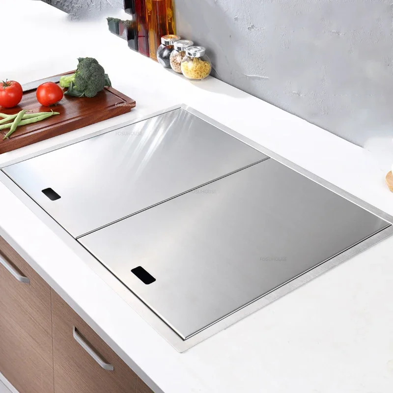 Hidden Stainless Steel Kitchen Sinks Modern Kitchen Accessories with Cover Kitchen Sink Dish Drainer Light Luxury Single Tank L 3