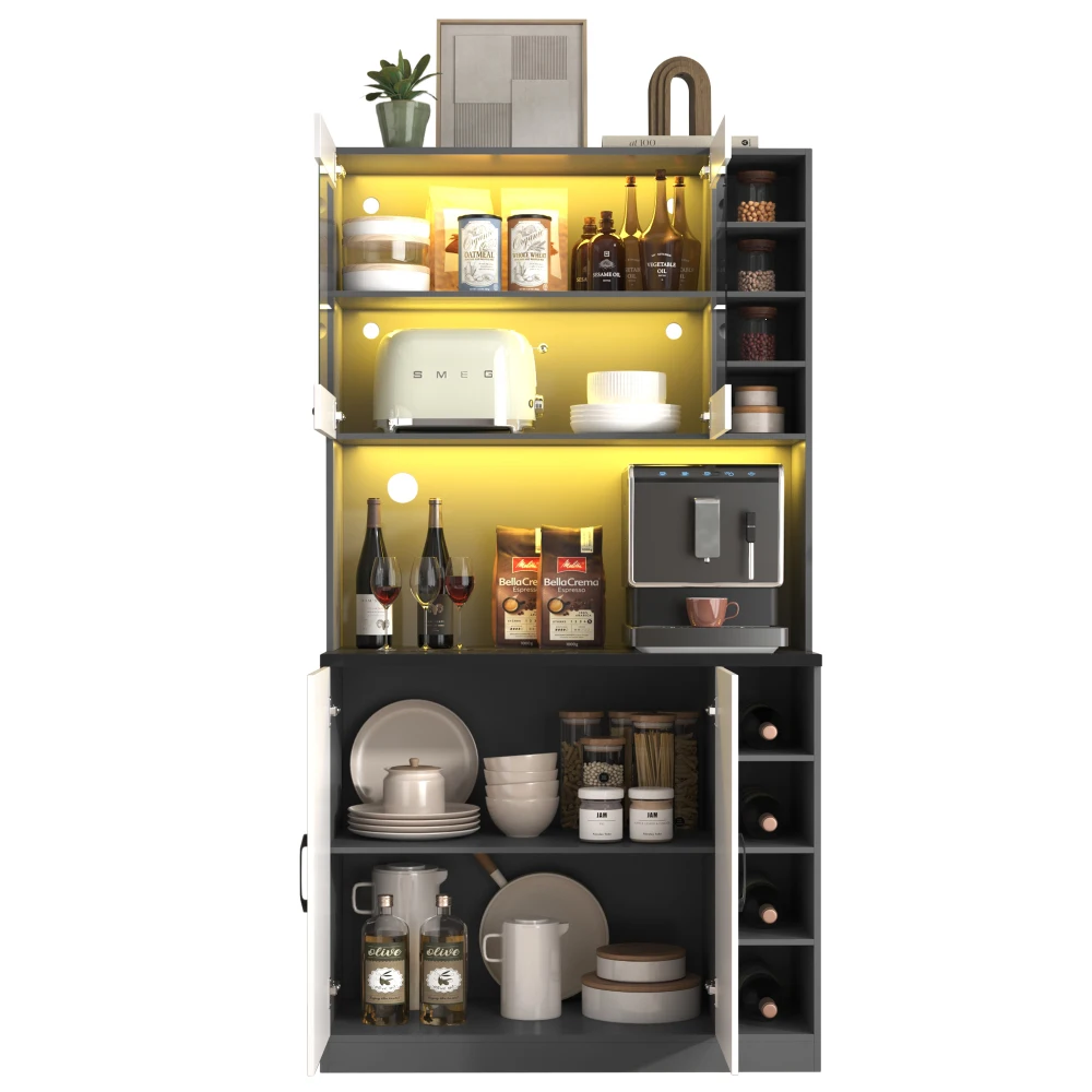 Küchenschrank, Buffet mit LED-Umgebungsbeleuchtung und Kabellöchern, Küchen-Highboard, höhenverstellbare seitliche Aufbewahrungsfächer – Detail 35