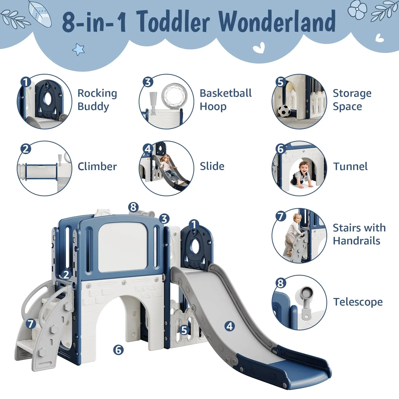 16059-68e615.jpg 8-in-1 Toddler Play Tunnel & Slide Set – Blue, Single Box, Kids Indoor Outdoor Playground Climber with Basketball Hoop, Rocking