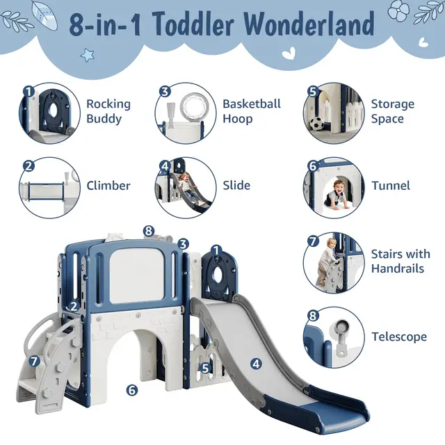 8-in-1 Toddler Play Tunnel & Slide Set – Blue, Single Box, Kids Indoor Outdoor Playground Climber with Basketball Hoop, Rocking