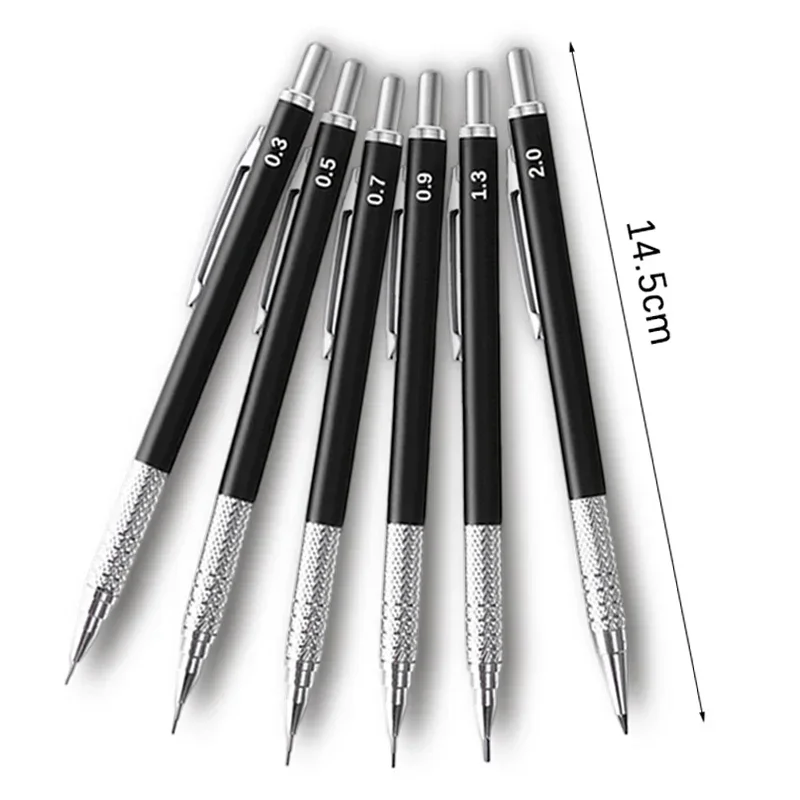 Full Black Metal Mechanical Pencils Set HB Leads 0.3 0.5 0.7 0.9 1.3 2.0mm Retractable Sketch Pencil with Eraser School Supplies 6