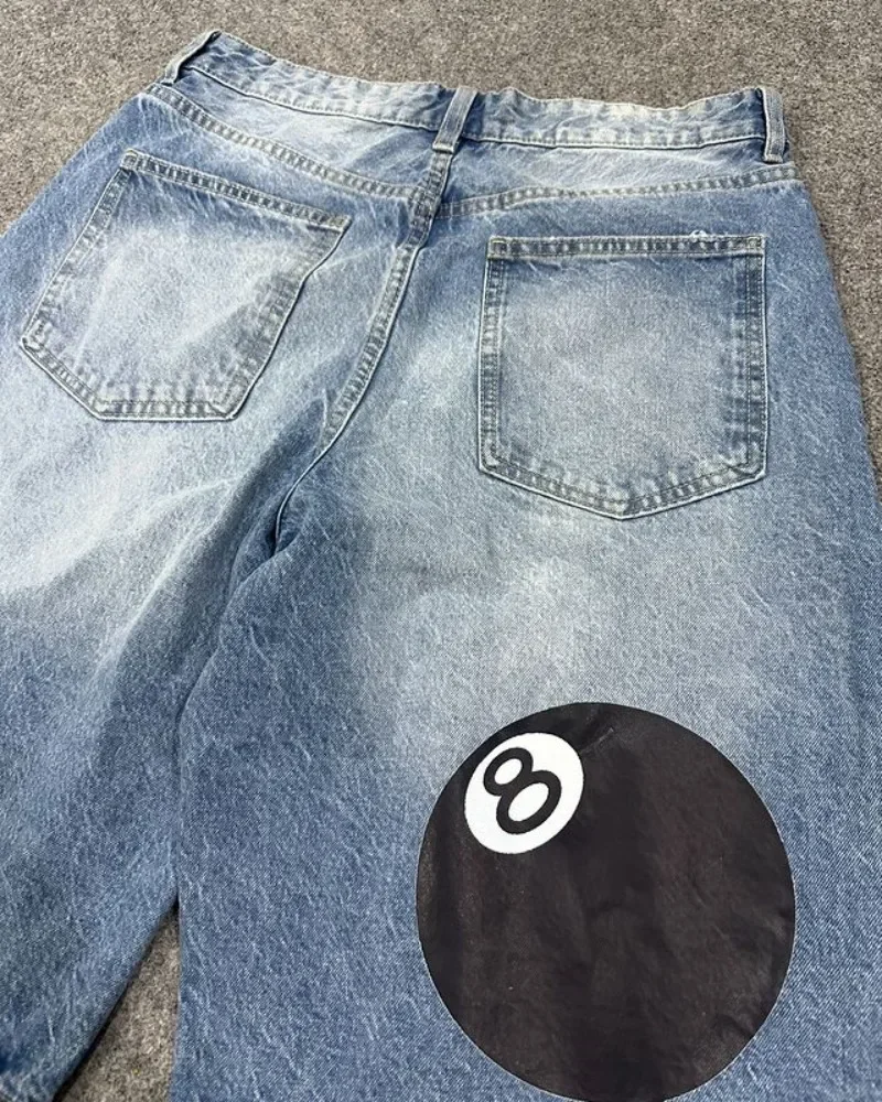 Harajuku Fashion No. 8 Table Tennis print loose denim shorts Y2K Jeans Men and women couples Gothic casual light blue shorts 2