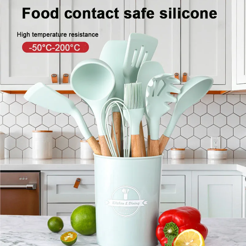 Silicone Kitchen Utensils Set NonStick Cookware for Kitchen Wooden Handle Spatula Egg Beaters