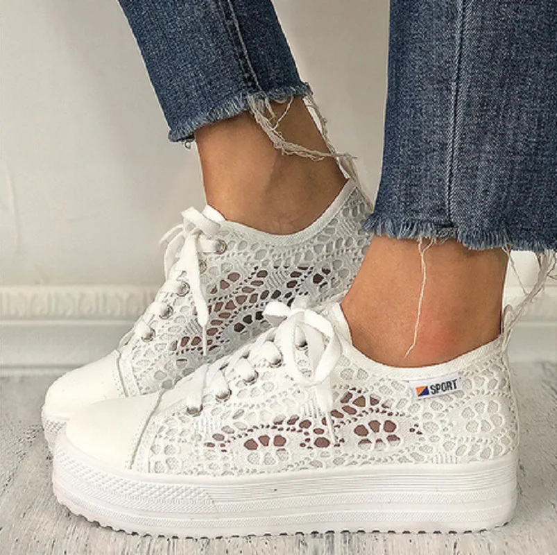 

Women Shoes 2023 Fashion Summer Casual White Shoes Cutouts Lace Canvas Hollow Breathable Platform Flat Shoes Woman Sneakers