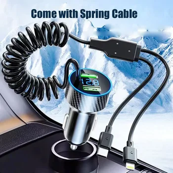 4 in 1 Dual Port USB Car Phone Charger Type C with Retractable Cable Super Fast Charging Adapter for iPhone Samsung OPPO Huawei 2