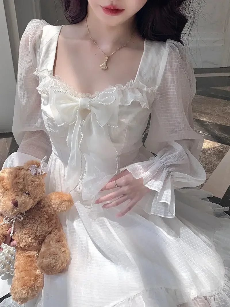 

Summer Dress Women White Puff Long Sleeve Korean Style Fairy Dresses Mesh Bow Kawaii Elegant Vintage Vestidos CY385