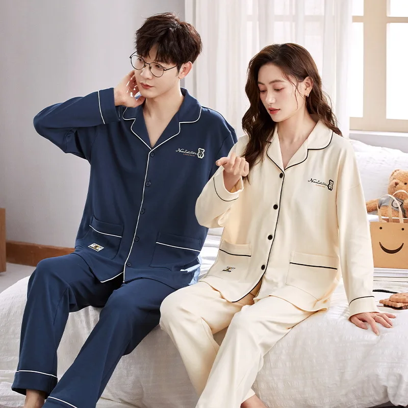 

2024 New Cotton Pajamas set for Lovers Women and Men Matching Homewear Spring Autumn Cardigan Nightwear Female Male Pjs Pyjamas