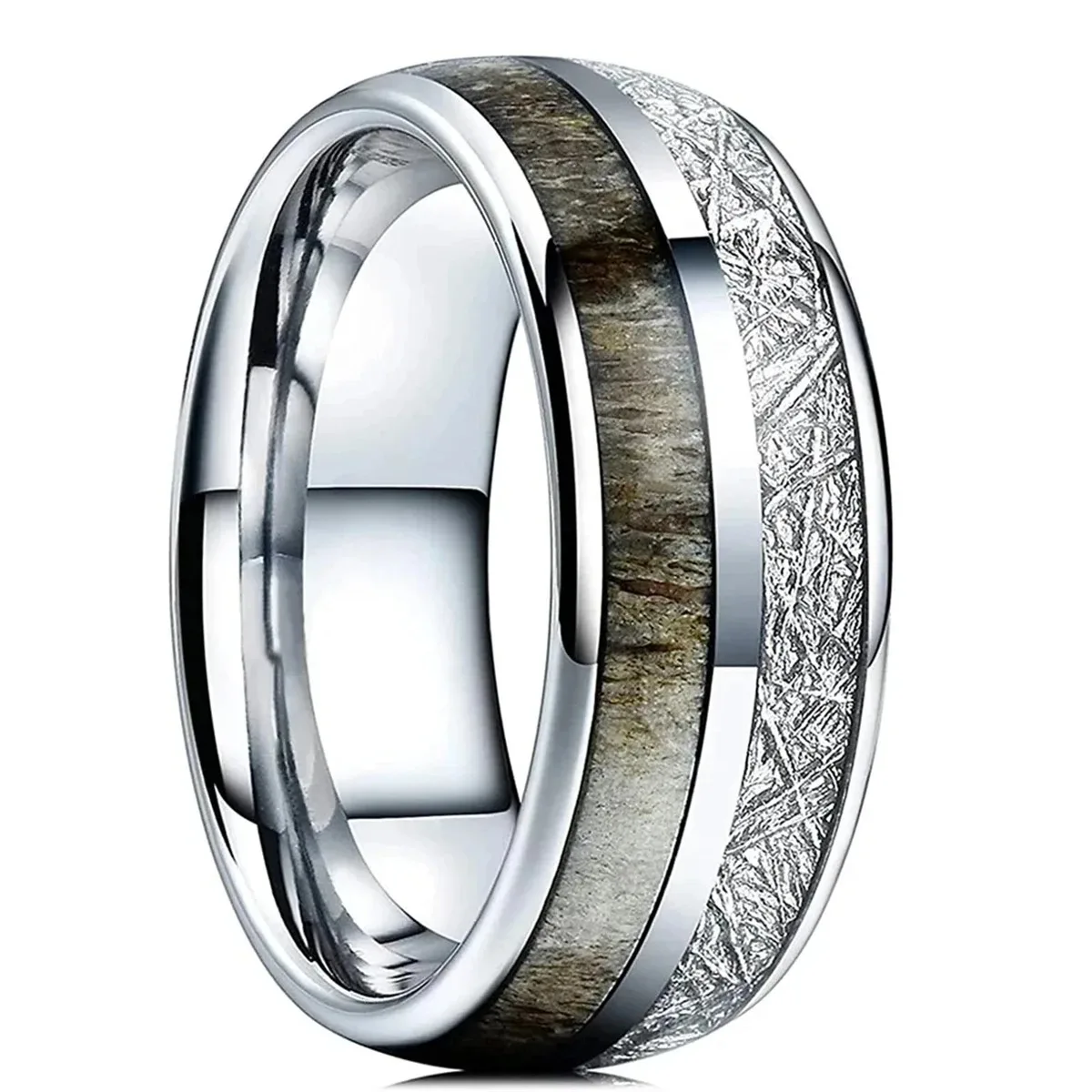 8mm Silver Color Stainless Steel Rings for Men Meteorite Deer Antler Inlay Dome Engagement Ring Men Wedding Band Jewelry Fashion