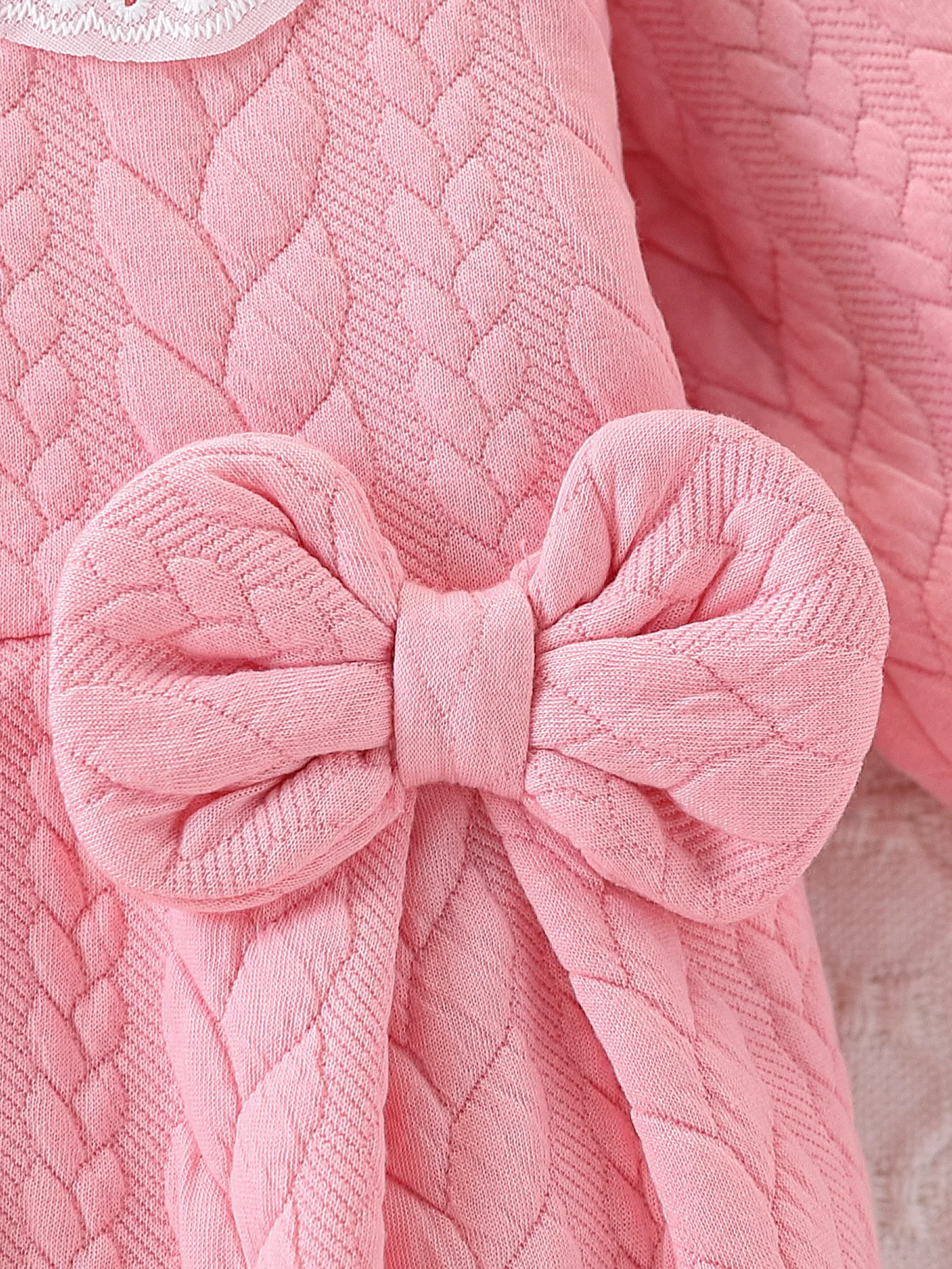 Cozy Pink Cable Knit Romper with Lace Collar and Bows
