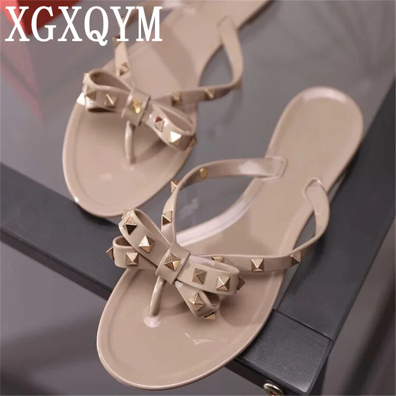 

2022 Hot Sale Fashion Women Flip Flops Summer Shoes Cool Beach Rivet Big Bow Flat Sandals Jelly Shoes Sandals Girls Size 35-41