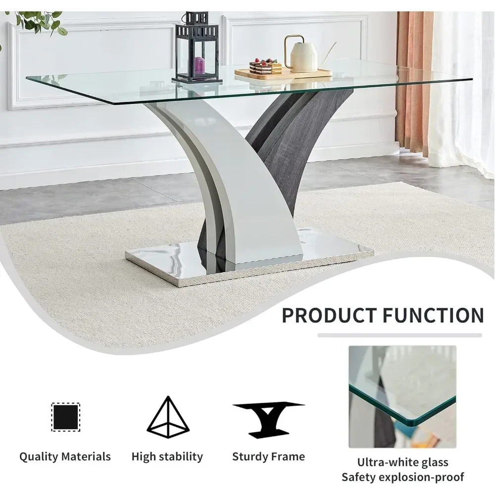 63 Inch Dining Table and Chairs dining table chair combination, Modern Dining Table with 4 Leather Chairs, Tempered Glass Top, Glass Dinings Tables Set