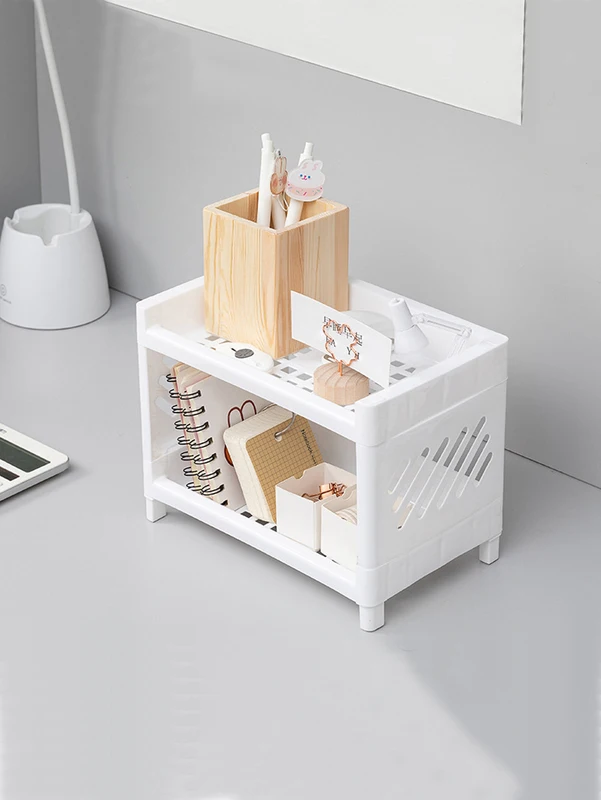 1PC PP Desktop Double Layer Storage Rack Rectangular White Organizing...