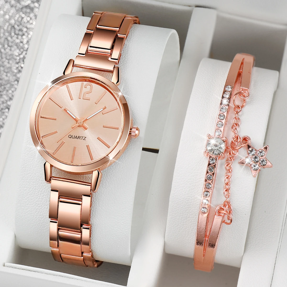 2PCS Fashion Women Watches Luxury Steel Band Ladies Analog Quartz Watch Bracelet Set Reloj Mujer（Without Box） 2