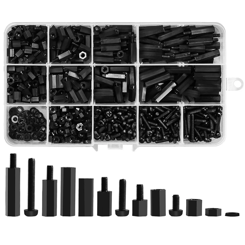 

600Piece M3 Male Female Nylon Hex Spacer Standoffs Screws Nuts Motherboard Standoffs And Screws Assortment Kit (Black) Nylon